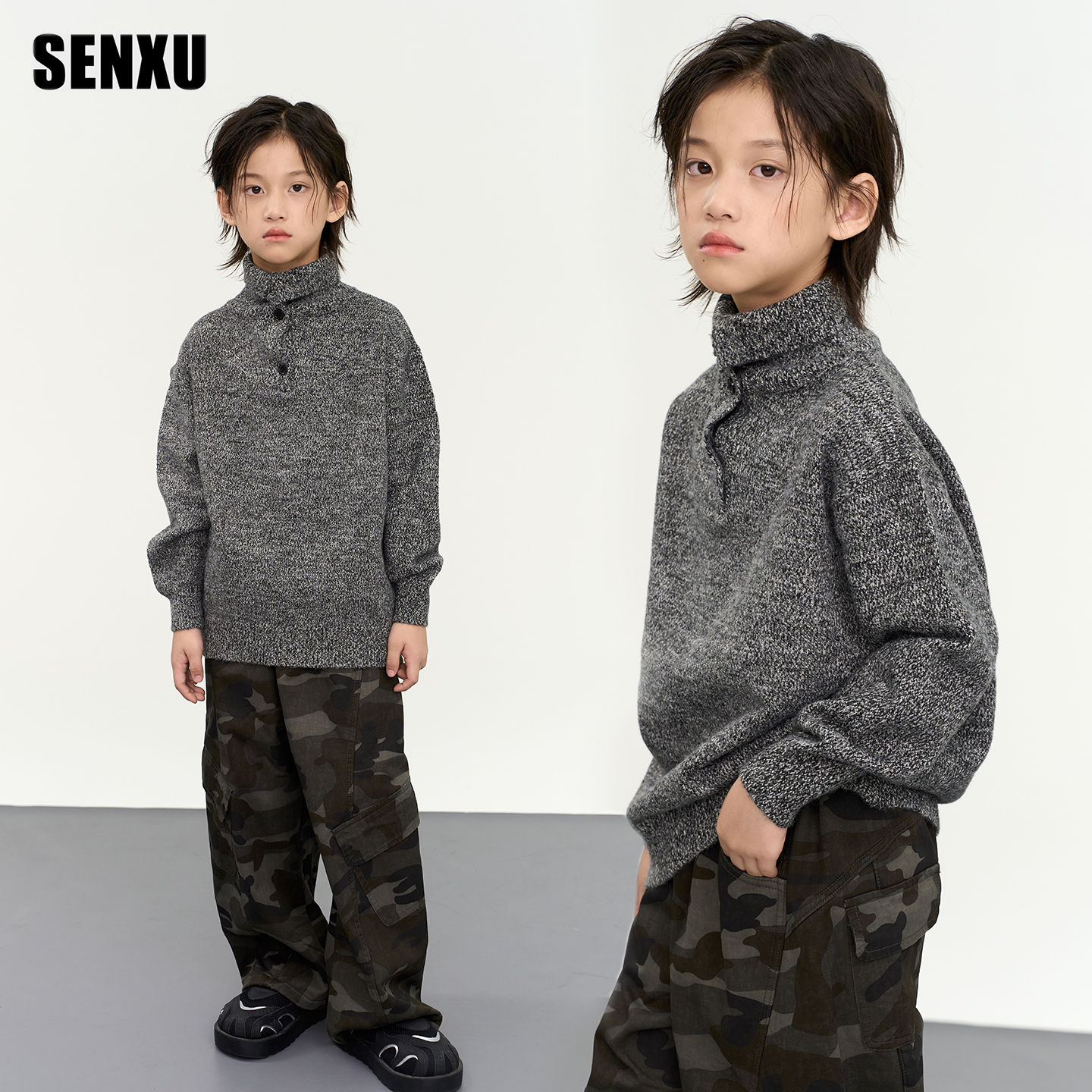 森许儿童毛衣男童半高领针织衫2025新款毛线衣迷彩工装裤潮酷套装