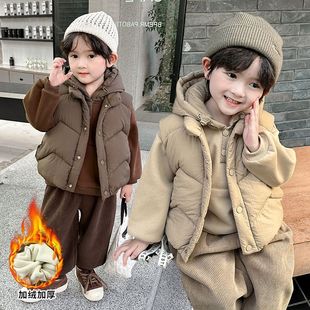 男童秋冬季加绒套装2025新儿童男宝宝冬装卫衣加厚裤子马甲三件套