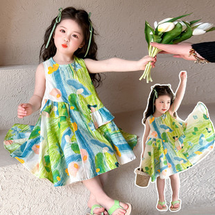 女童绿色小清新背心裙夏薄款清凉儿童连衣裙三亚度假海边沙滩裙子