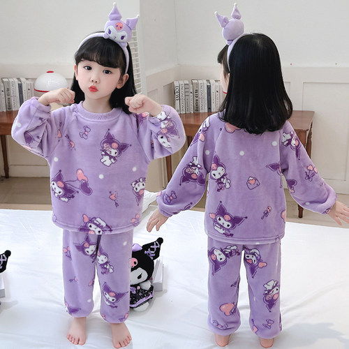女宝宝新款秋冬季法兰绒睡衣儿童韩版法兰绒家居服小童库洛米两件