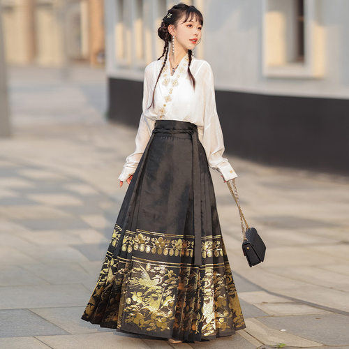 层姿新中式国风女装明制改良汉服成人黑色马面裙套装半身裙新款夏