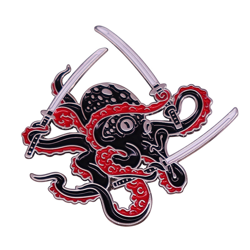 octopus swordsman pin black samurai brooch fun badge