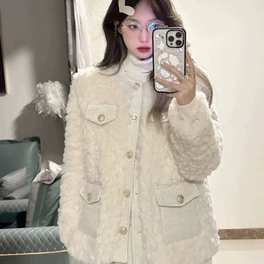 皮草小香风外套女冬天新款高级感可可仿兔毛大衣加厚圆领网红棉服