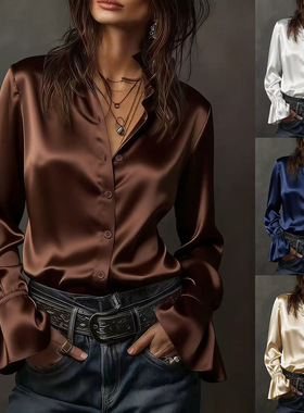 Women's Long Flare Sleeve Blouse欧美优雅气质纯色缎面长袖衬衫