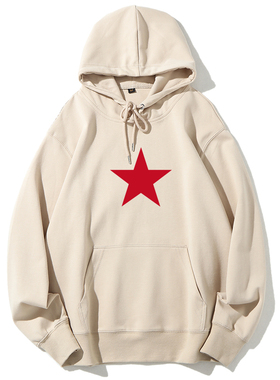 热卖红色五角星纪念品套头连帽加绒卫衣秋冬衣服外套定制袋鼠兜