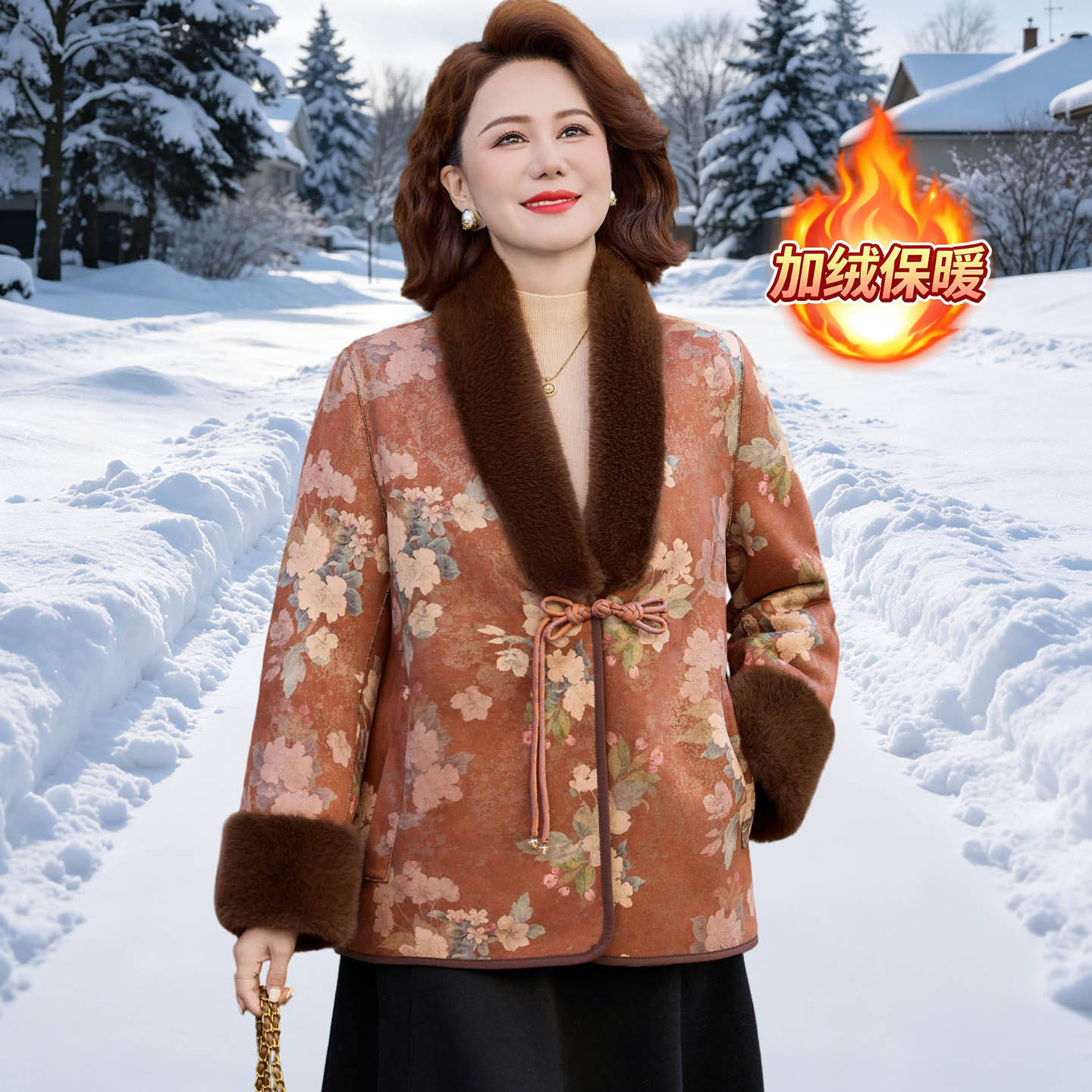 新中式皮毛一体外套女2026新款中老年妈妈冬季加绒加厚双面穿大衣