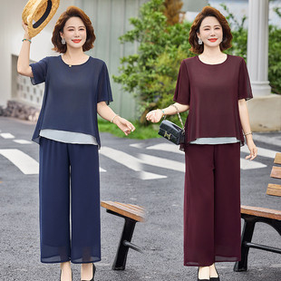 妈妈夏装新雪纺上衣套装中年女短袖阔腿裤中老年女夏天两件套