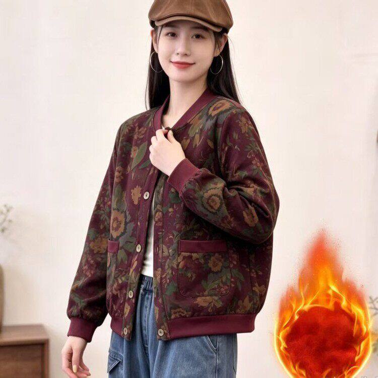 妈妈装秋冬新款加绒外套休闲碎花夹克衫棒球服中老年保暖小棉衣女