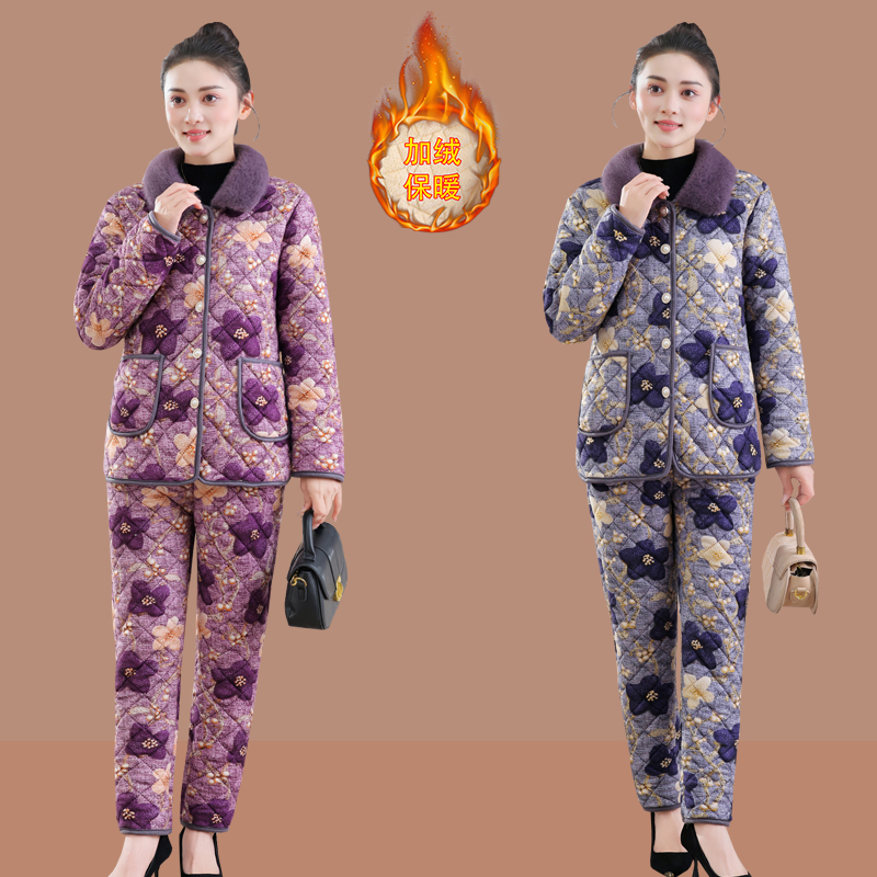 妈妈冬装套装新款加绒加厚保暖睡衣洋气中老年女装棉衣棉裤两件套