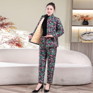 妈妈装冬季立领民族风盘扣加绒棉袄两件套套装中年女棉衣保暖棉裤