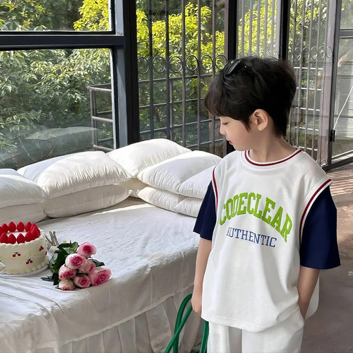 儿童新款运动套装夏季男童短袖球服宝宝薄款速干假两件篮球服童装