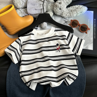 小熊刺绣撞色上衣洋气百搭童装 T恤新款 复古条纹短袖 儿童夏季