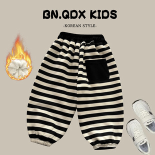 儿童冬季加绒加厚保暖条纹裤子韩版洋气中小童男女童束口裤