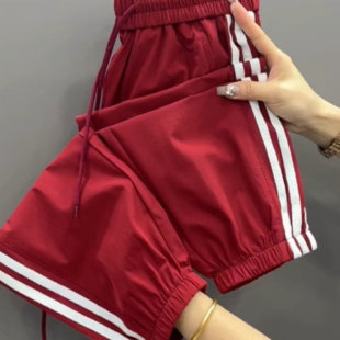 美式三条杠速干哈伦裤女夏季薄款宽松显瘦大码束脚九分休闲运动裤