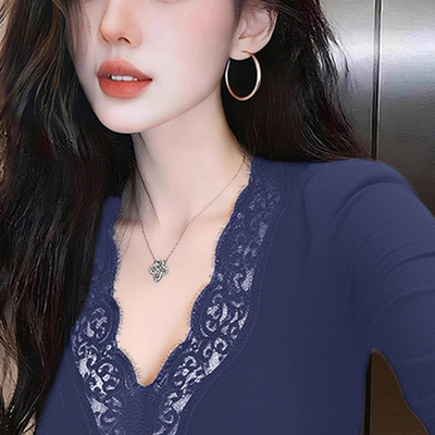 大码德绒V领蕾丝显瘦长袖T恤