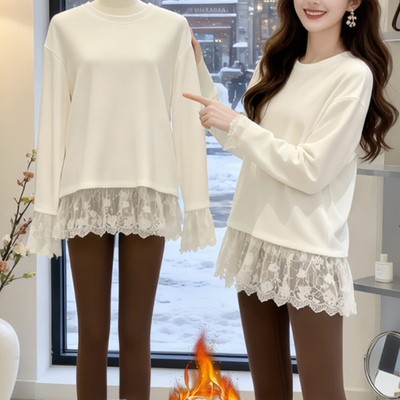 蕾丝加绒长袖打底T恤女显瘦