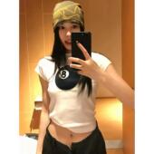 显瘦纯棉圆领短袖 韩国ins小众超火黑8印花正肩短款 修身 T恤上衣女