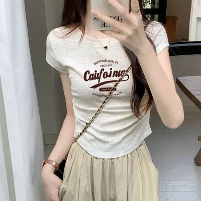 正肩奶白灰短袖t恤女夏季2025新款不规则修身短款上衣设计感小众