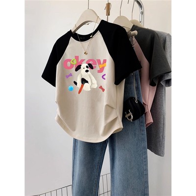 2025新款夏季不规则甜美t恤女短袖修身拼接撞色显瘦插肩卡通上衣