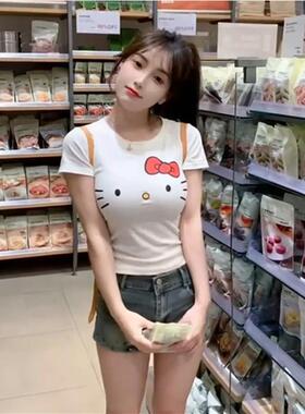 可爱卡通Hellokittyt印花短袖t恤女夏季新款修身短款甜辣打底上衣