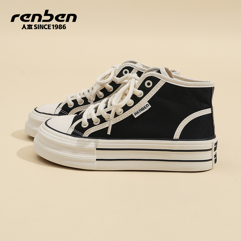 人本帆布鞋女增高黑色经典棉鞋