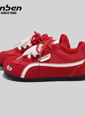 人本内增高红色德训鞋女2026秋季新款学生小白鞋百搭休闲运动鞋子