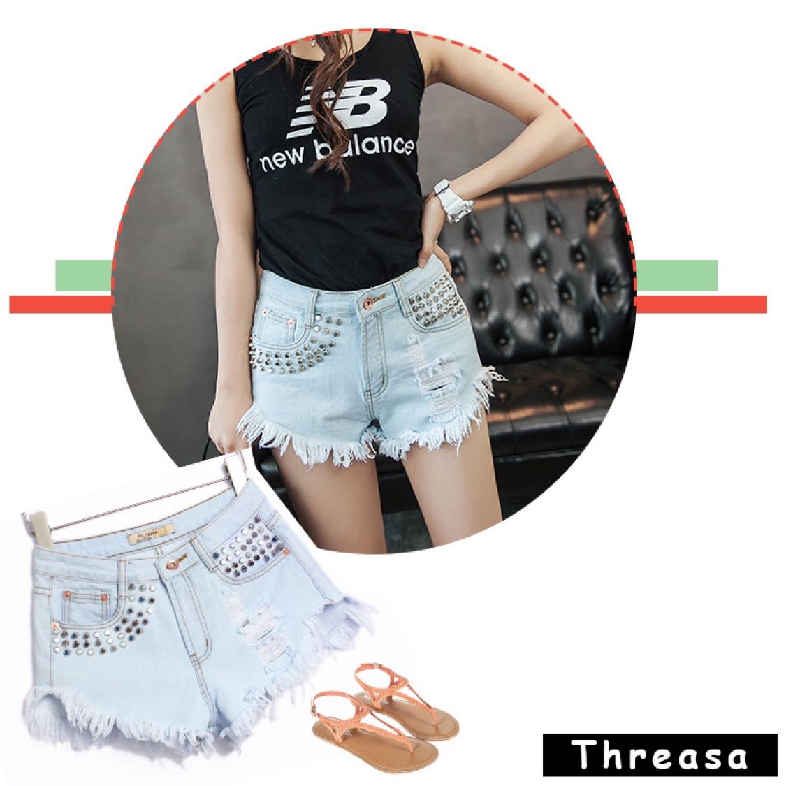Women's ripped rivet jeans high waisted baggy shorts在类目 女装/女士精品, 牛仔裤中 - 来自Buy2taobao.com提供专业的淘宝代购服务