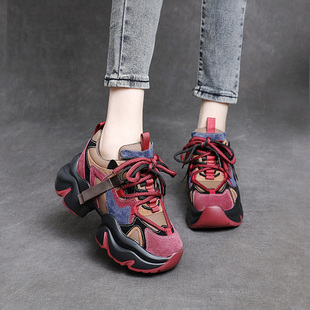 系带单鞋 彩色老爹鞋 圆头深口鞋 6cm增高 休闲运动风 女松糕跟厚底鞋