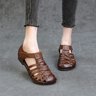 女士真皮罗马鞋包头包跟凉鞋魔术贴软底软皮舒适低跟平底鞋子夏季