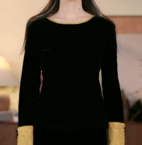 凤轩阁   穿出A4腰 有弹力 袖口拼接蕾丝 丝绒 国风上衣LY8715