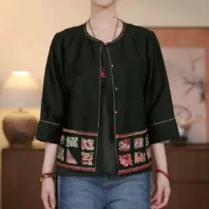 凤轩阁 定位苗绣刺绣100桑蚕丝老料黑胶绸香云纱外套 KP800138