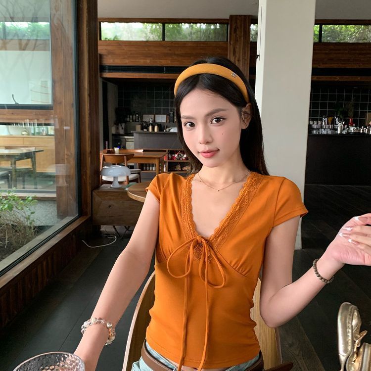 纯棉橘色V领蕾丝拼接绑带正肩短袖t恤女夏季韩系修身显瘦小上衣女