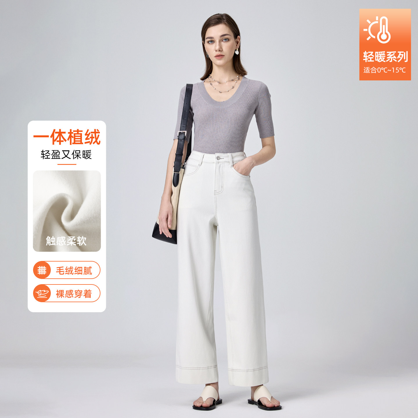 集也加绒高腰白色奶奶裤女2025秋冬四面弹植绒宽松阔腿九分牛仔裤