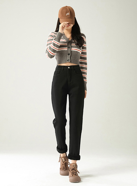 黑色高腰P牌弹力牛仔裤女2025冬季新款【加绒】宽松百搭哈伦长裤