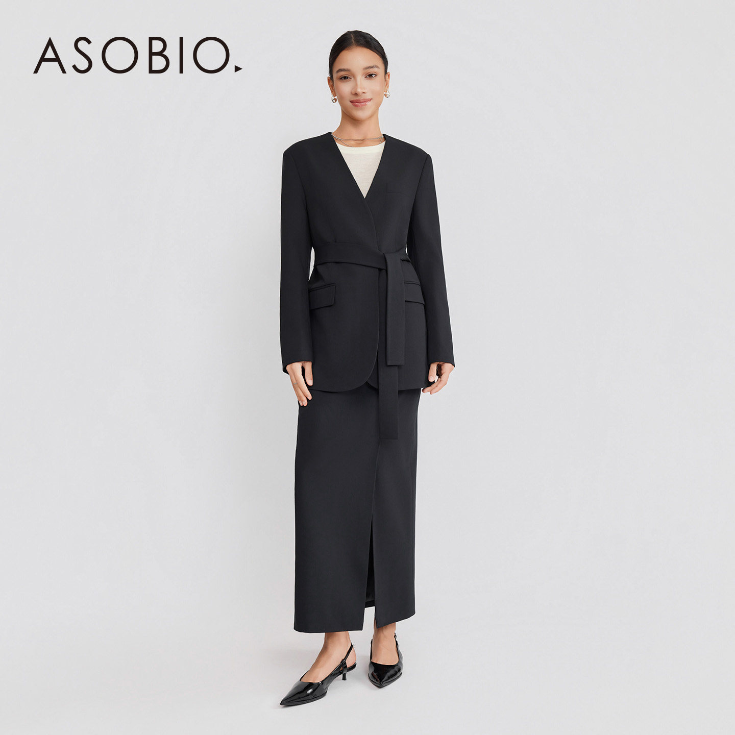 Asobio羊毛混纺V领腰带西装直筒半身裙套装2025秋冬通勤休闲女272,女装/女士精品,时尚套装,淘宝优惠券,粉丝福利购,淘宝优惠卷