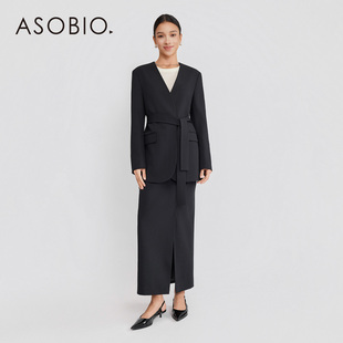 Asobio羊毛混纺V领腰带西装 2025秋冬通勤休闲女272 直筒半身裙套装