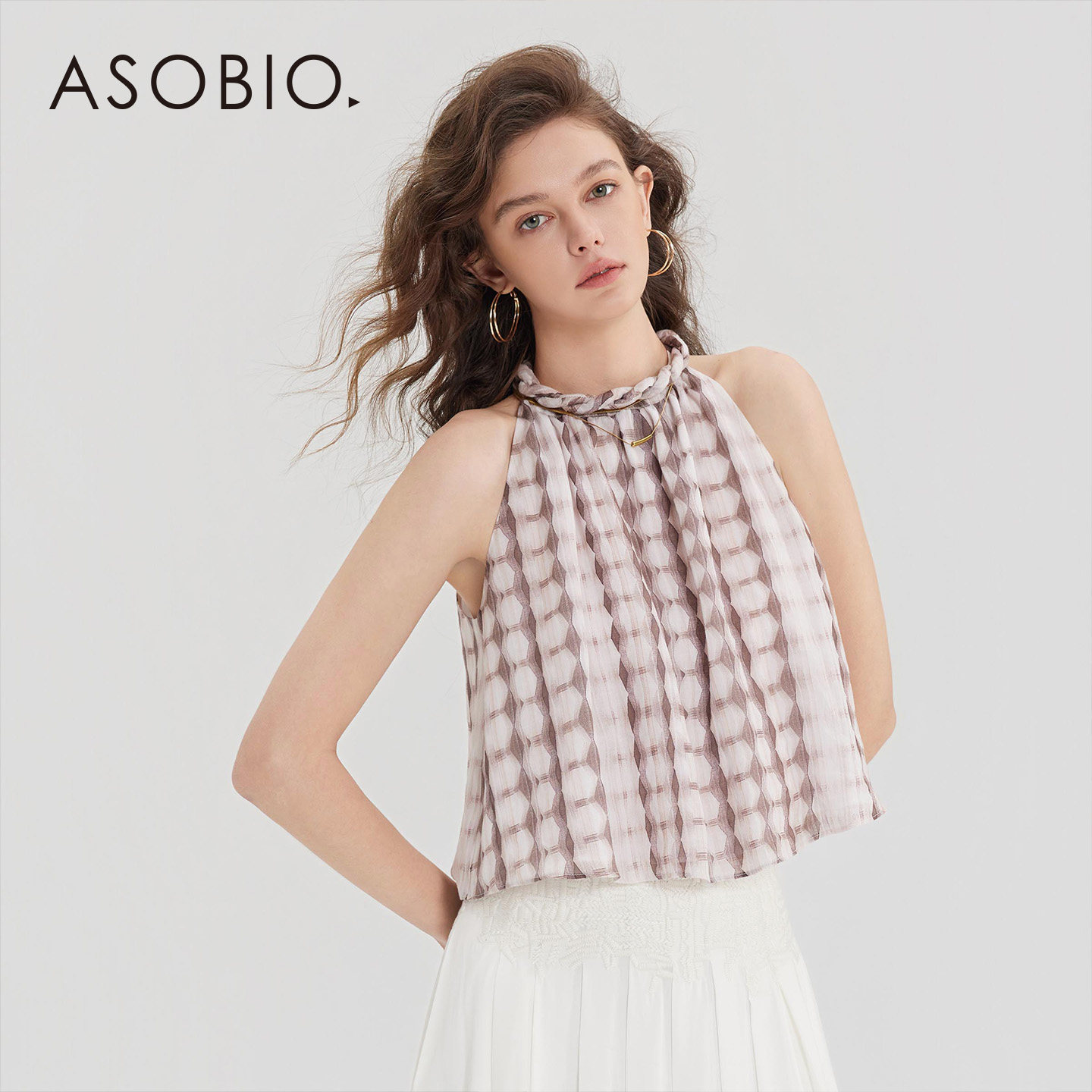 Asobio2026春新品挂脖背心苎麻度假吊带通勤无袖菱形显瘦上衣454