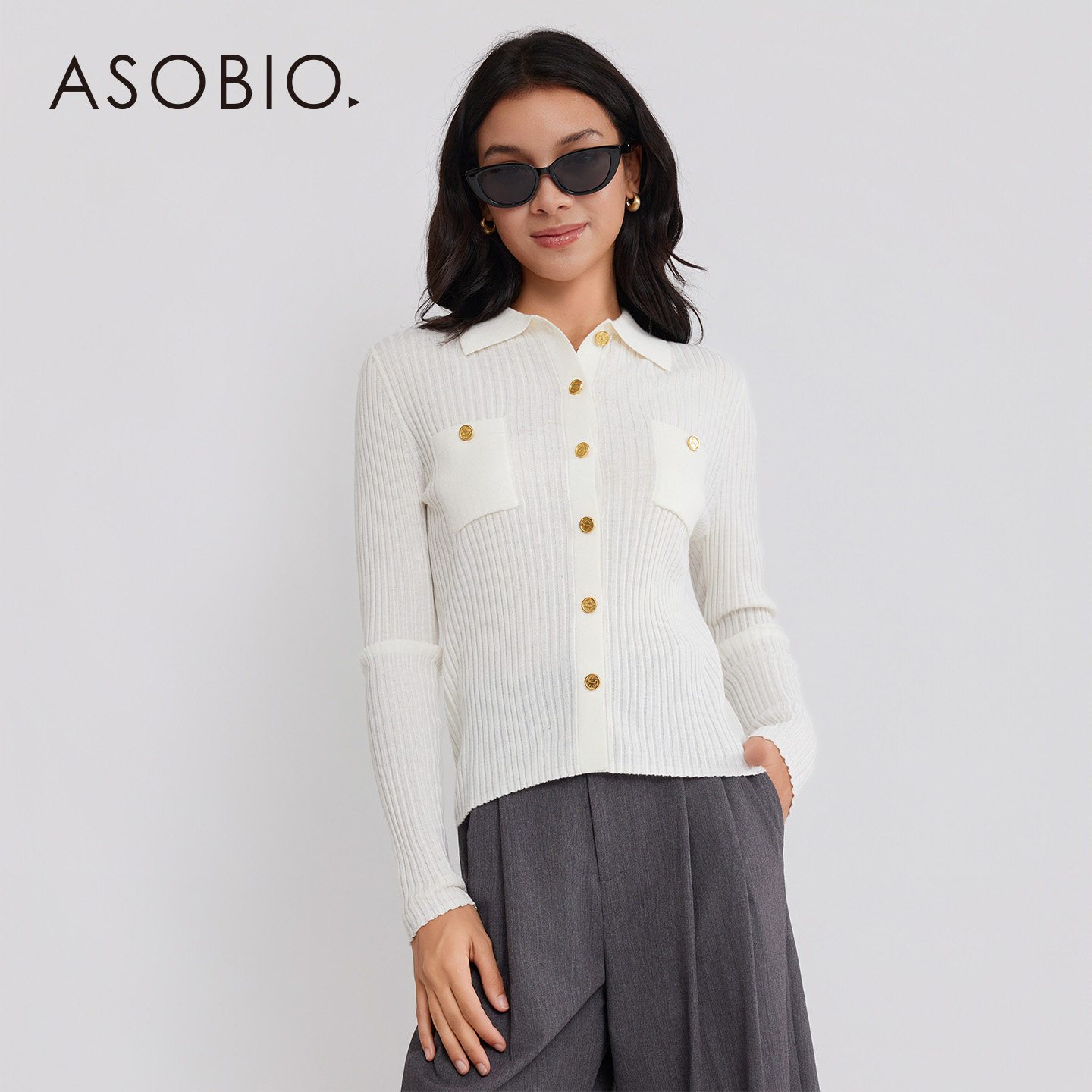 '羊毛'Asobio复古纽扣螺纹修身针织开衫2025秋新品气质上衣女320