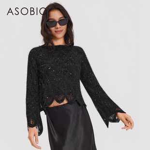 Asobio亮片镂空圆领静奢风针织衫2025冬季新品通勤短款上衣334