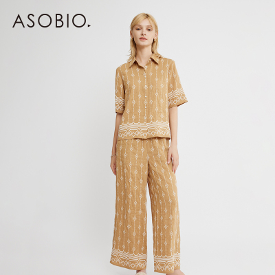 ‘绣’Asobio亚麻刺绣中袖衬衫长裤女夏度假风新款两件套142/143