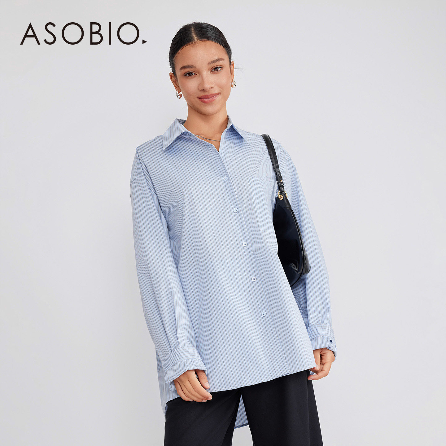 Asobio简约蓝白细条纹衬衫2025秋款新品通勤口袋尖领衬衫女装305