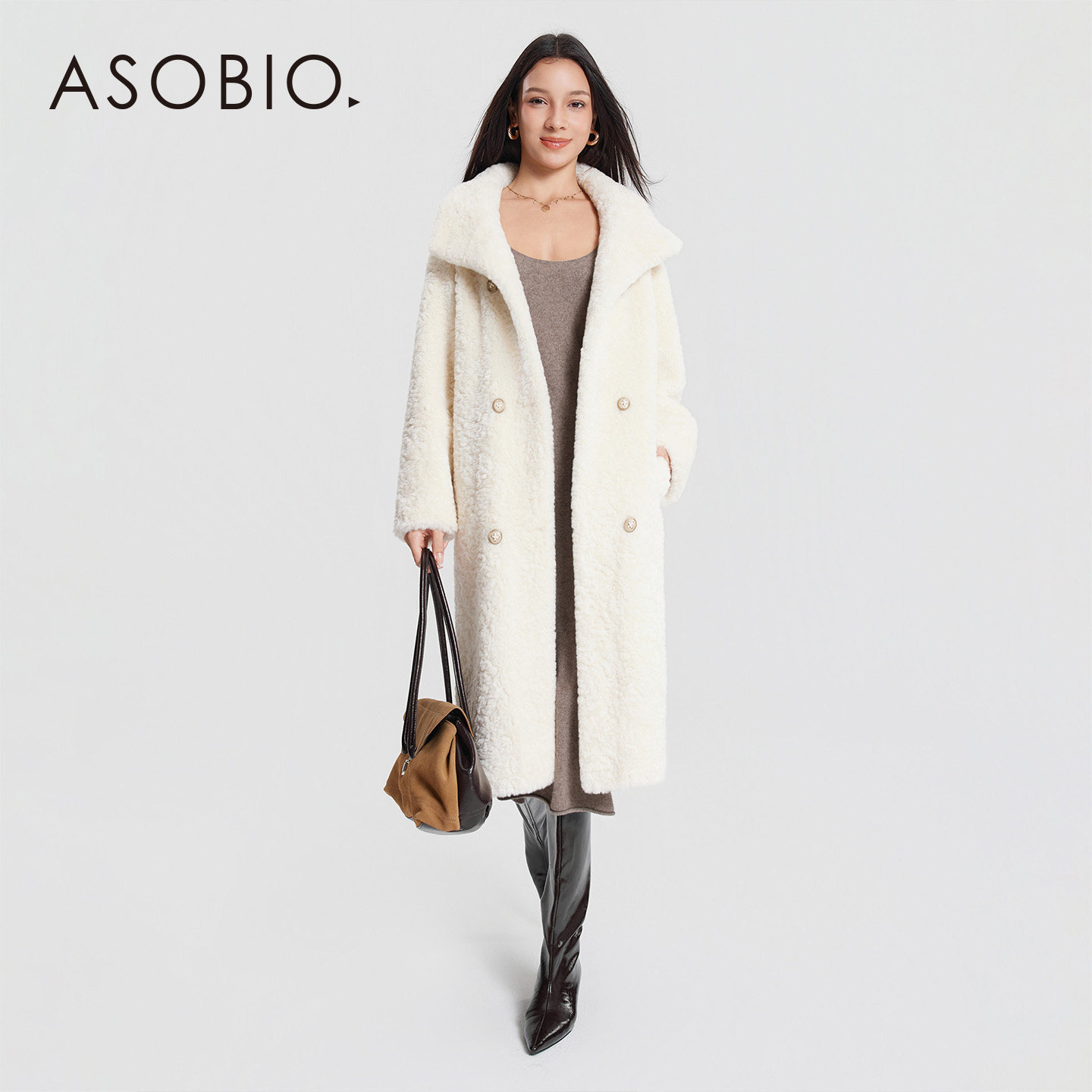 Asobio双排扣环保皮草西装领长款大衣2025年冬季新品毛呢外套412