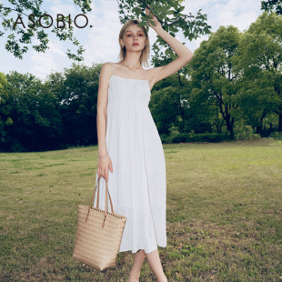 Asobio亚麻飘逸百褶蛋糕长裙夏季度假风吊带连衣裙仙女裙长裙120