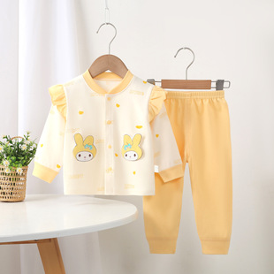 新生婴幼儿衣服女宝宝秋衣秋裤套装100%纯棉全棉a类女童开衫睡衣