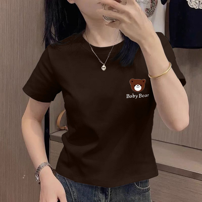 正肩咖色短袖t恤女装胖mm大码夏季印花体恤修身显瘦百搭圆领上衣
