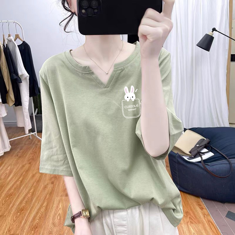 正肩v领短袖t恤女夏季宽松显瘦小兔子印花体恤衫休闲纯棉正肩上衣