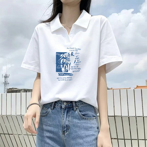2026夏季韩版短袖t恤女士设计感宽松大码polo领体恤小众纯棉上衣