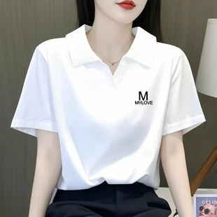 正肩体恤设计感小众简约字母上衣ins 宽松大码 polo领短袖 t恤女夏季
