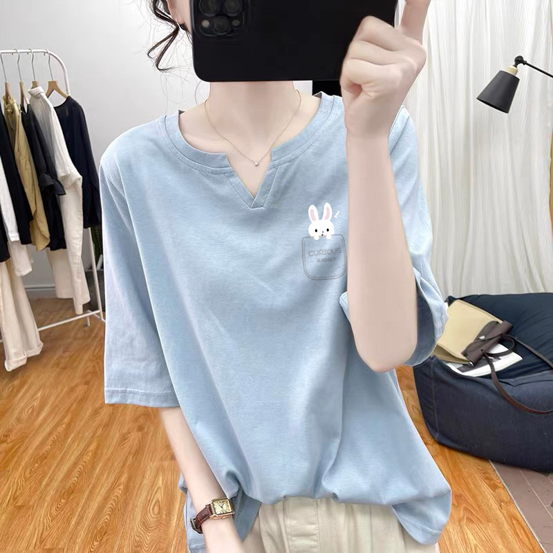 v领短袖t恤女装夏季韩版宽松大码体恤小兔子印花正肩纯棉上衣ins