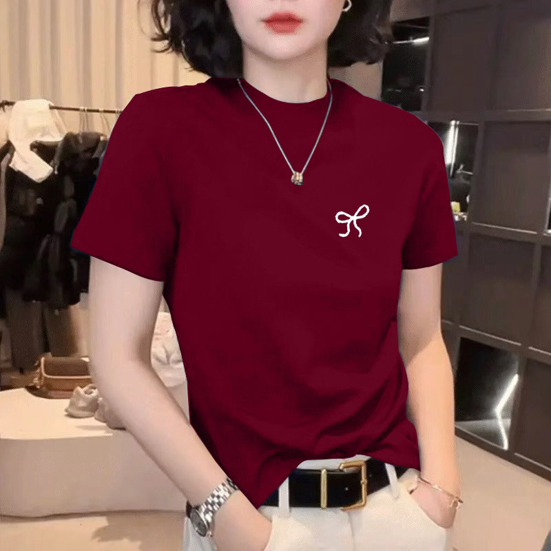正肩红色短袖t恤女夏季大码体恤衫修身显瘦洋气减龄韩版印花上衣